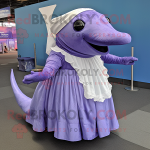 Lavender Humpback Whale mascot costume character dressed with a Circle Skirt and Shoe laces