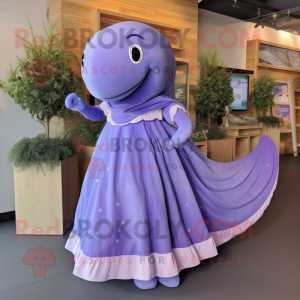 Lavender Humpback Whale mascot costume character dressed with a Circle Skirt and Shoe laces