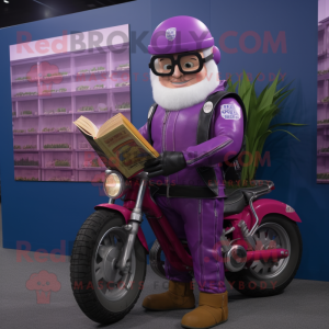 Lavender Beet mascot costume character dressed with a Biker Jacket and Reading glasses