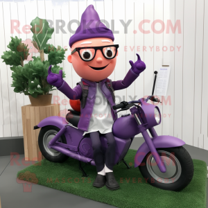 Lavender Beet mascot costume character dressed with a Biker Jacket and Reading glasses
