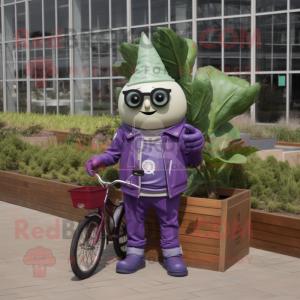 Lavender Beet mascot costume character dressed with a Biker Jacket and Reading glasses