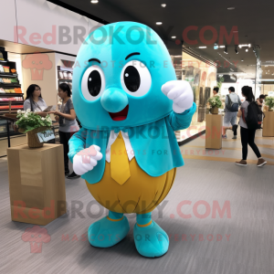 Cyan Potato mascot costume character dressed with a Capri Pants and Keychains