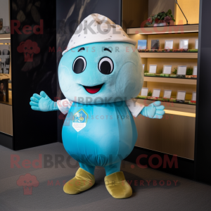 Cyan Potato mascot costume character dressed with a Capri Pants and Keychains