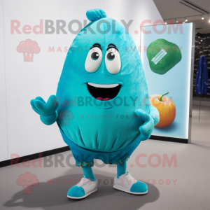 Cyan Potato mascot costume character dressed with a Capri Pants and Keychains