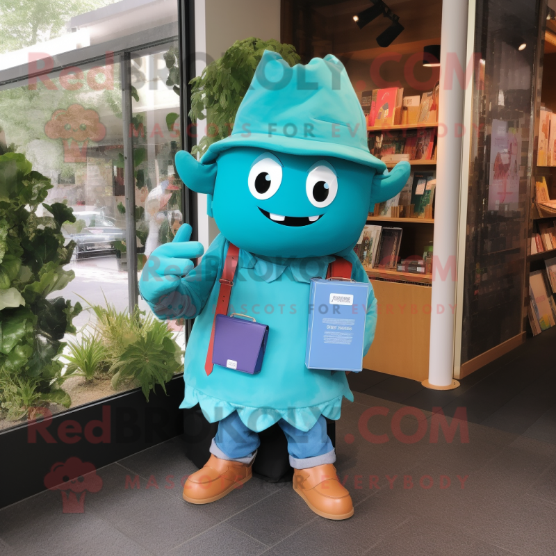 Turquoise Goulash mascot costume character dressed with a Poplin Shirt and Messenger bags