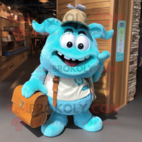 Turquoise Goulash mascot costume character dressed with a Poplin Shirt and Messenger bags