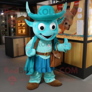 Turquoise Goulash mascot costume character dressed with a Poplin Shirt and Messenger bags