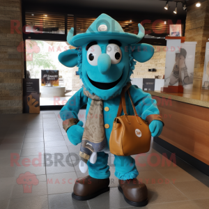 Turquoise Goulash mascot costume character dressed with a Poplin Shirt and Messenger bags