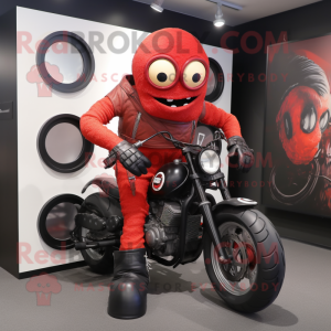 Red Cyclops mascot costume character dressed with a Moto Jacket and Foot pads