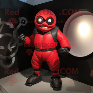 Red Cyclops mascot costume character dressed with a Moto Jacket and Foot pads