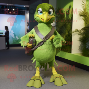 Lime Green Falcon mascot costume character dressed with a Cargo Shorts and Necklaces