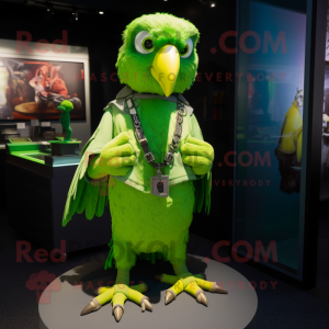Lime Green Falcon mascot costume character dressed with a Cargo Shorts and Necklaces