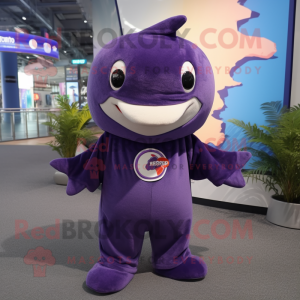 Purple Stingray mascot costume character dressed with a Sweatshirt and Keychains