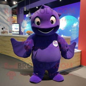 Purple Stingray mascot costume character dressed with a Sweatshirt and Keychains