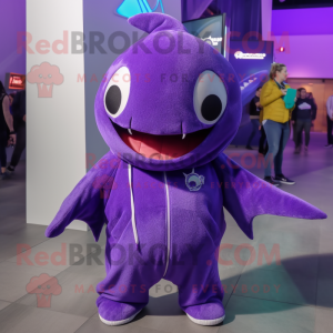 Purple Stingray mascot costume character dressed with a Sweatshirt and Keychains