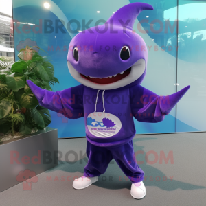 Purple Stingray mascot costume character dressed with a Sweatshirt and Keychains