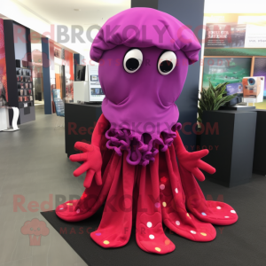 Magenta Octopus mascot costume character dressed with a Wrap Dress and Beanies