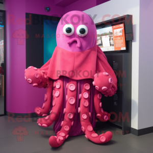 Magenta Octopus mascot costume character dressed with a Wrap Dress and Beanies