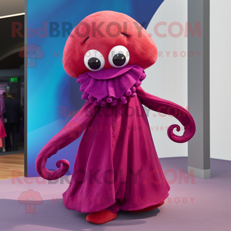 Magenta Octopus mascot costume character dressed with a Wrap Dress and Beanies