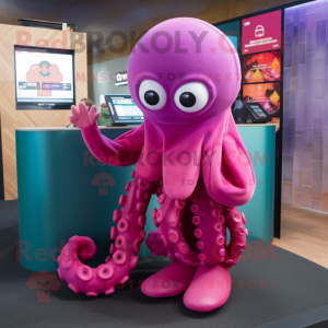 Magenta Octopus mascot costume character dressed with a Wrap Dress and Beanies
