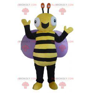 Mascota de abeja negra y amarilla muy sonriente - Redbrokoly.com