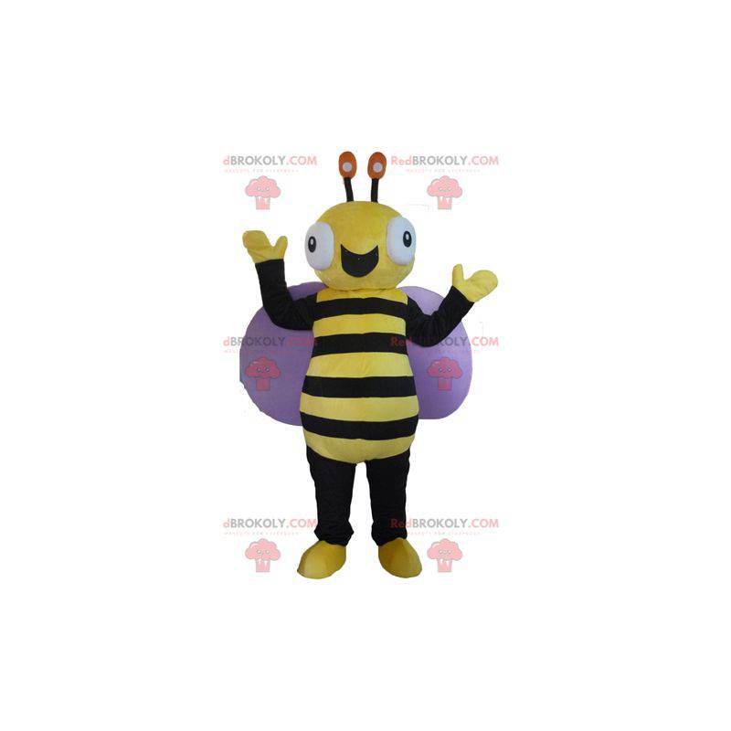 Mascotte d'abeille noire et jaune très souriante -