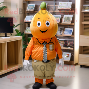 Orange Pear mascot costume character dressed with a Button-Up Shirt and Bracelets