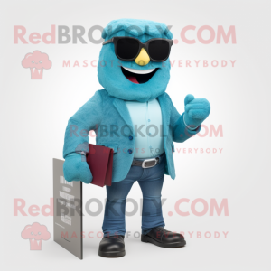 Teal Attorney mascot costume character dressed with a Flare Jeans and Sunglasses