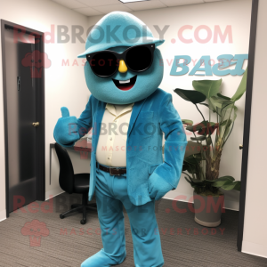 Teal Attorney mascot costume character dressed with a Flare Jeans and Sunglasses