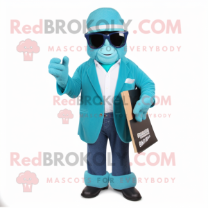 Teal Attorney mascot costume character dressed with a Flare Jeans and Sunglasses