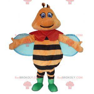 Mascota de abeja sonriente y colorida naranja negra y azul -