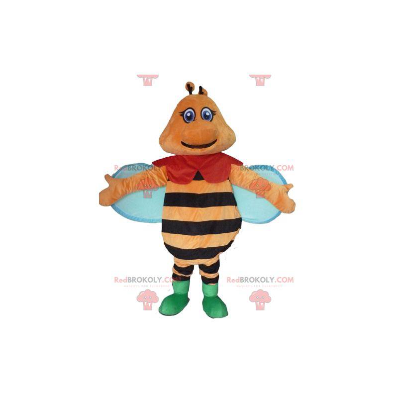 Mascota de abeja sonriente y colorida naranja negra y azul -