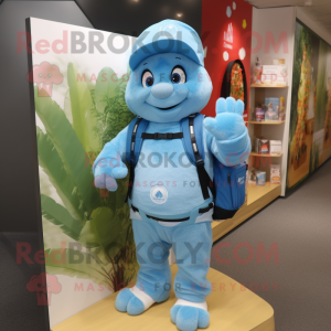 Sky Blue Bracelet mascot costume character dressed with a Polo Tee and Backpacks