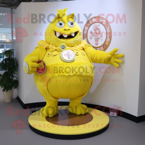 Lemon Yellow Ogre mascot costume character dressed with a Circle Skirt and Brooches