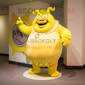 Lemon Yellow Ogre mascot costume character dressed with a Circle Skirt and Brooches