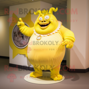 Lemon Yellow Ogre mascot costume character dressed with a Circle Skirt and Brooches