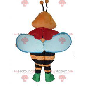 Mascotte d'abeille orange noir et bleue colorée et souriante -
