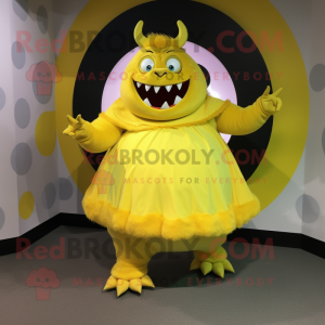 Lemon Yellow Ogre mascot costume character dressed with a Circle Skirt and Brooches