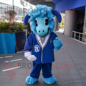 Blue Ram mascot costume character dressed with a Suit and Hair clips