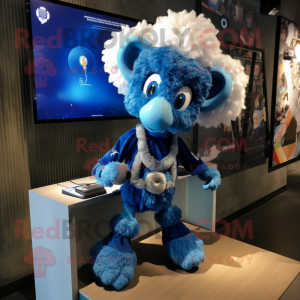 Blue Ram mascot costume character dressed with a Suit and Hair clips