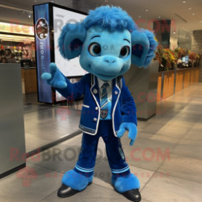 Blue Ram mascot costume character dressed with a Suit and Hair clips