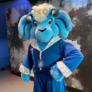 Blue Ram mascot costume character dressed with a Suit and Hair clips