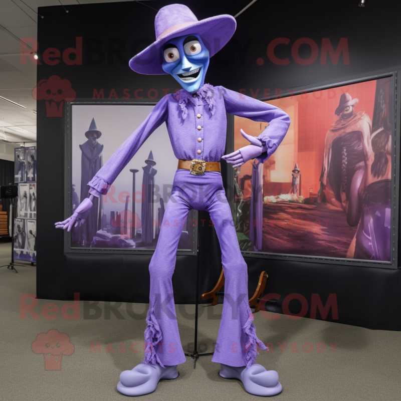 Lavender Stilt Walker mascot costume character dressed with a Flare Jeans and Belts