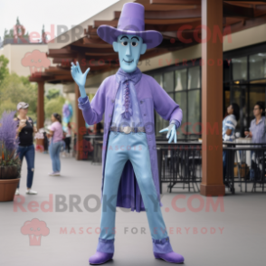 Lavender Stilt Walker mascot costume character dressed with a Flare Jeans and Belts