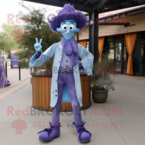 Lavender Stilt Walker mascot costume character dressed with a Flare Jeans and Belts