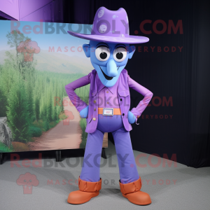 Lavender Stilt Walker mascot costume character dressed with a Flare Jeans and Belts