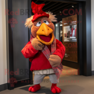 Red Roosters mascot costume character dressed with a Corduroy Pants and Scarves