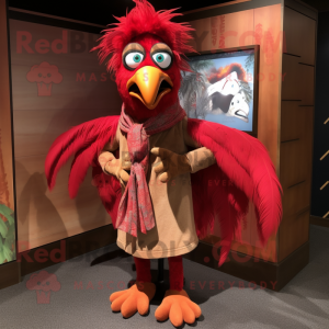 Red Roosters mascot costume character dressed with a Corduroy Pants and Scarves