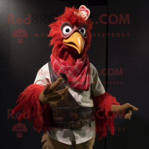 Red Roosters mascot costume character dressed with a Corduroy Pants and Scarves