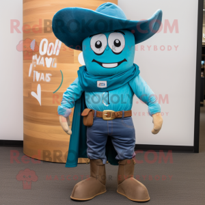 Teal Cowboy mascot costume character dressed with a Jeggings and Scarf clips